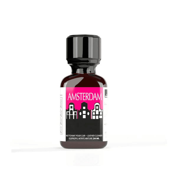 Amsterdam Poppers 24ml steklenička z magenta etiketo z grafiko mestnega obzorja