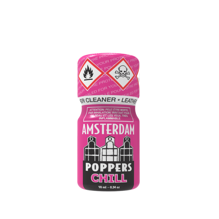 Amsterdam Poppers Chill 10ml Amsterdam Poppers Chill 10ml bottle featuring bright pink labeling with safety icons and text detailing product usage and warnings.