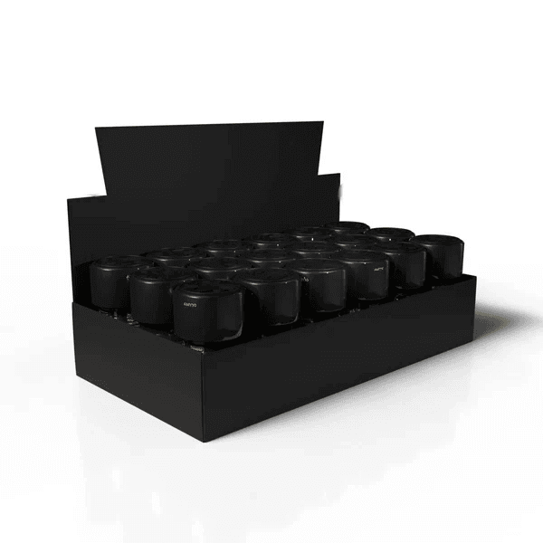 Display box of 18 pack Amyl 10ml leather cleaner bottles, arrangement on black background for retail presentation.