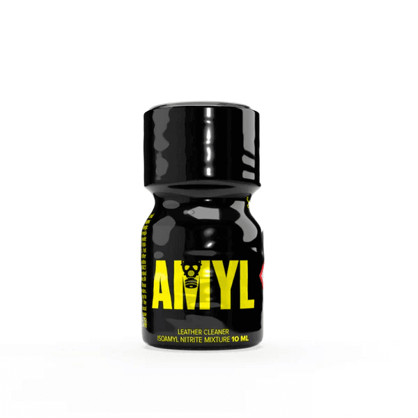 Amyl Poppers 10ml leather cleaner bottle with label showing 'Isoamyl Nitrite Mixture 10 ml' highlighted on shiny black surface.