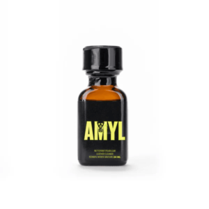 Amyl Poppers 24ml bottle with dark label and yellow text, featuring graphic of a molecule