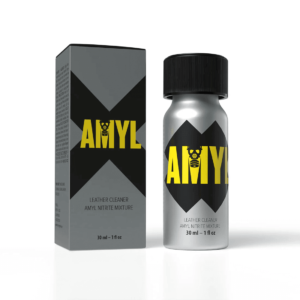 Amyl Poppers 30ml with distinctive silver and black packaging and yellow label featuring molecular graphic, includes box and bottle