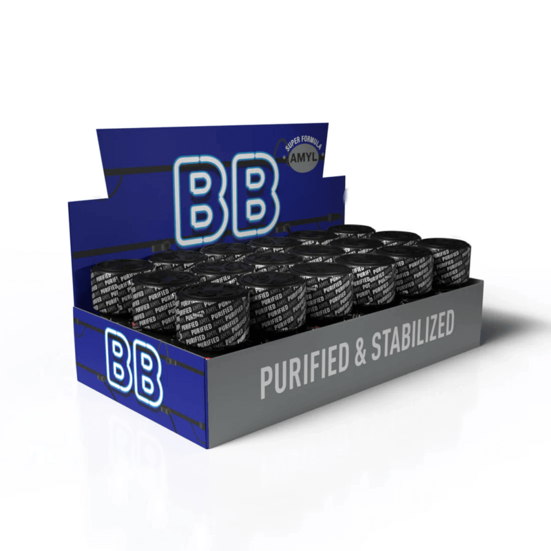 18 pack BB Amyl Poppers 10ml display box with multiple black bottles prominently featuring BB logo in blue, highlighted as purified and stabilized.