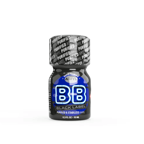 Single BB Amyl Poppers 10ml bottle with BB Black Label logo, detailed as purified and stabilized, in a black and blue design.