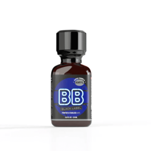 BB Amyl Poppers 24ml bottle, featuring a black cap and blue label with "BLACK LABEL" text, displayed on a white background.