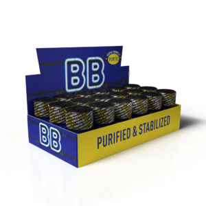 Display box containing multiple units of 18 pack BB Pentyl Poppers 10ml, featuring prominent blue and yellow design with "Purified & Stabilized" text.