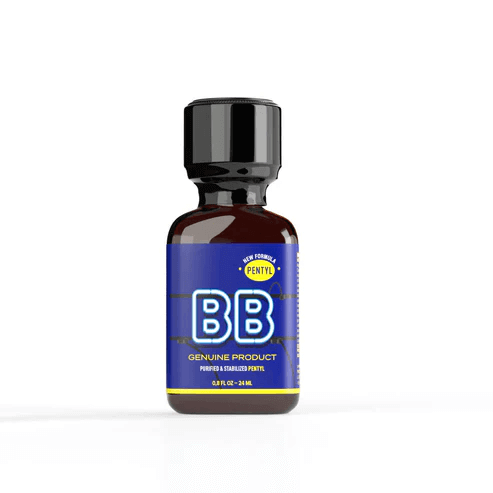 BB Pentyl Poppers 24ml, glass bottle with black cap and blue label displaying product logo and details, isolated on white background.