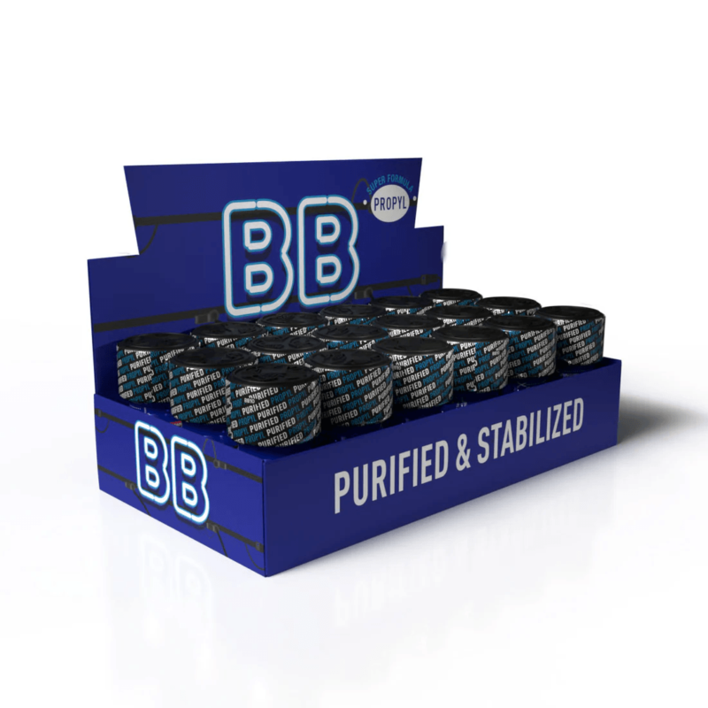 Large display of 18 pack BB Propyl Poppers 10ml with multiple bottles in a blue box marked with "Purified & Stabilized" and glowing BB logo.