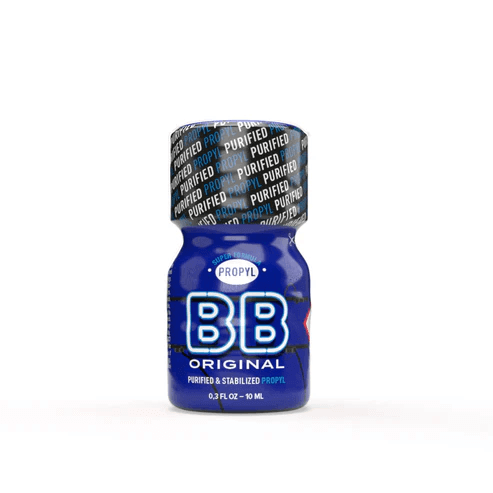 Single bottle of BB Propyl Poppers 10ml with detailed blue packaging showing "Purified and Stabilized" text.