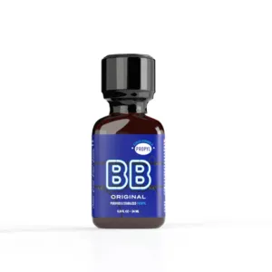 BB Propyl Poppers 24ml, original formula in a small brown glass bottle with a black cap and blue label featuring the BB logo.