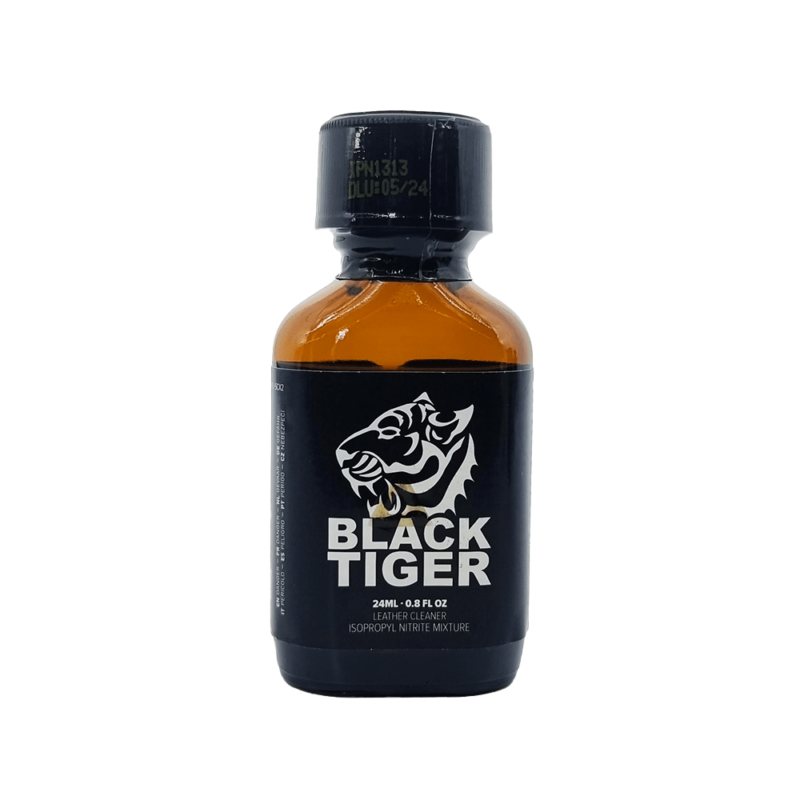 Black Tiger Poppers 24ml bottle with clear label, featuring a bold tiger's head graphic in white against a black background