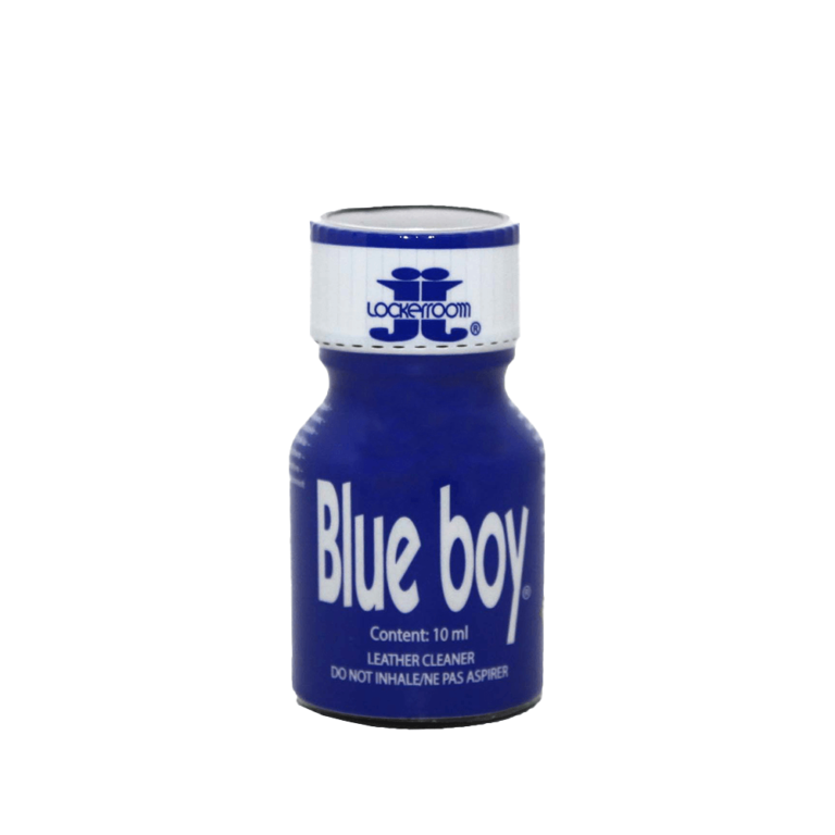 Blue Boy Poppers 10ml Blue Boy Poppers 10ml bottle by Lockerroom, a bright blue container with white cap and product labeling indicating leather cleaner use, displayed on a plain background.