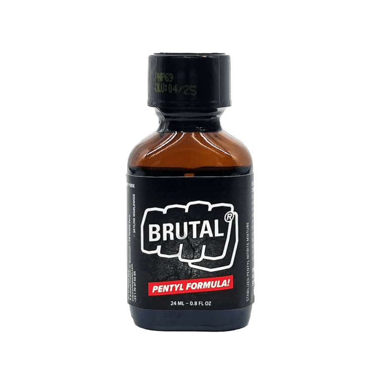 Brutal Pentyl Formula Poppers 24ml Brutal Pentyl Formula Poppers 24ml bottle with dark label, white text, and clutched fist graphic, emphasizing the "Pentyl Formula" on the front