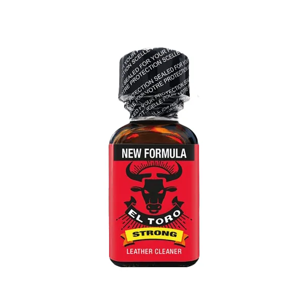 El Toro Strong Poppers 25ml leather cleaner with new formula, showcasing a red and black label with a bull design, securely sealed bottle top.