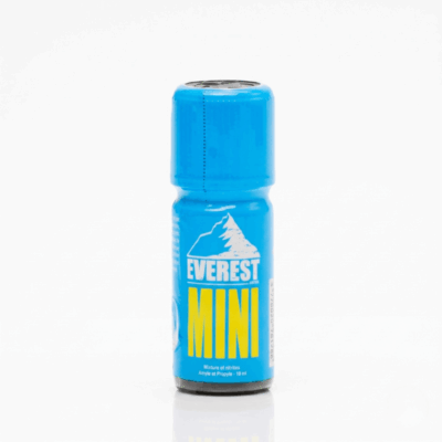 Everest mini 10ml poppers new Poppers Everest Mini: A small blue bottle featuring a white mountain logo and bold yellow text, designed for a powerful and compact experience with amyl and propyl.