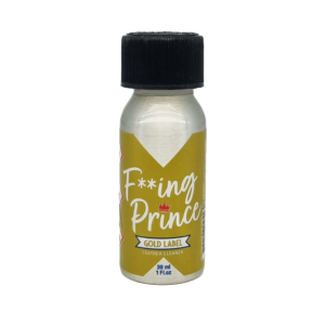 Bottle of F**ing Prince Gold Label Poppers, 30ml, marked as a leather cleaner, with a prominent yellow and white label showing the product name and a crown graphic.