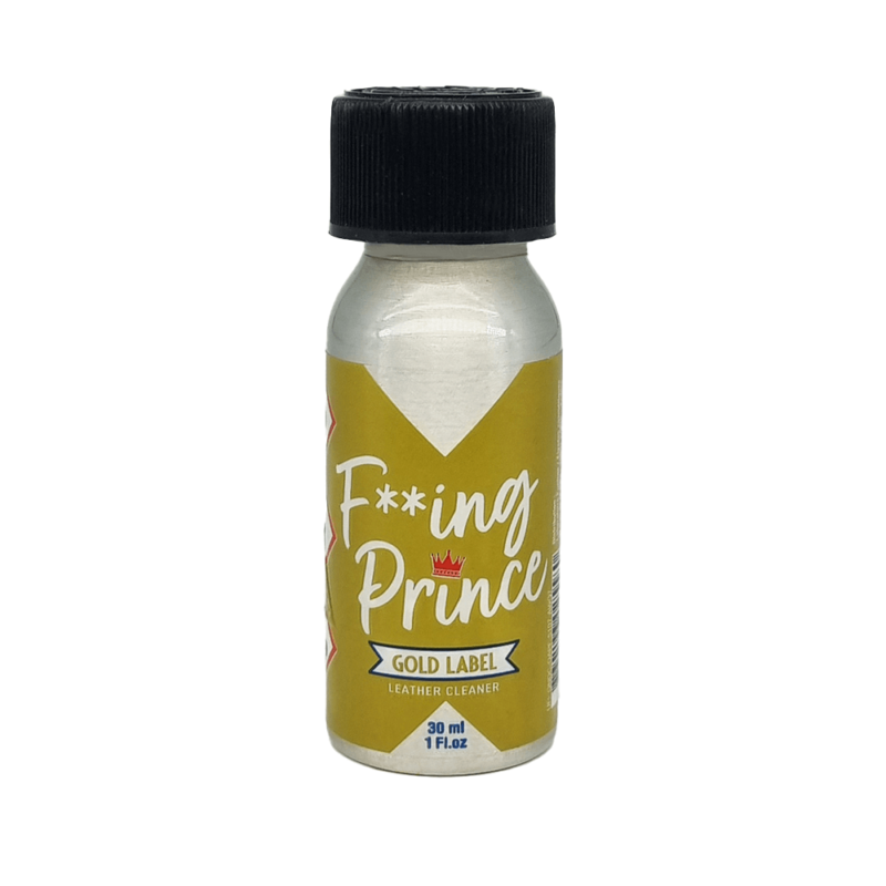 Bottle of F**ing Prince Gold Label Poppers, 30ml, marked as a leather cleaner, with a prominent yellow and white label showing the product name and a crown graphic.