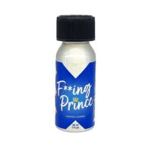 F**ing Prince Poppers 30ml bottle, a leather cleaner product shown in a cylindrical bottle with a black cap, primarily blue label with white and red accents, and a crown graphic.