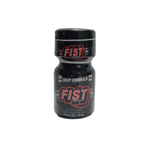 Fist Deep Formula Poppers leather cleaner 10ml bottle on a white background, featuring black and red label text highlighting the brand and product usage.