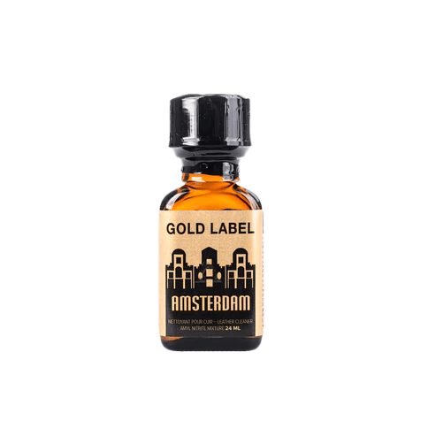 Gold Label Amsterdam Poppers 24ml, featuring a clear amber bottle with a black cap and a black label with gold text and Amsterdam skyline silhouette.