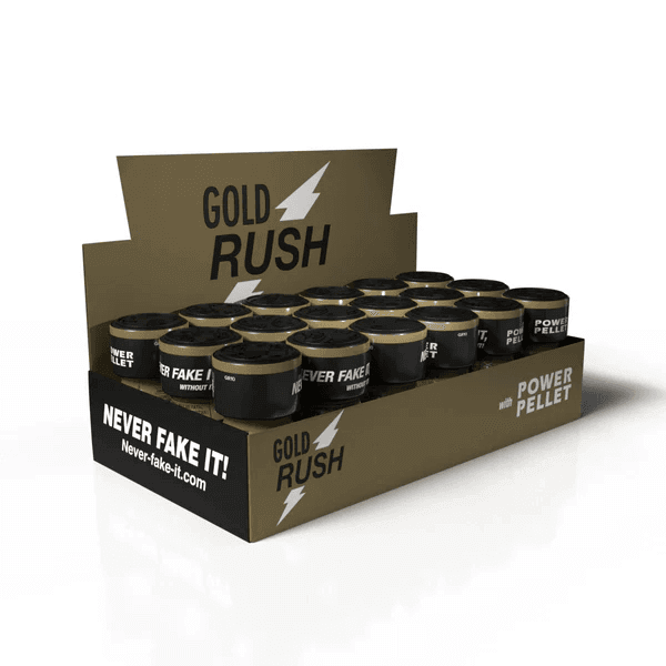 Display box containing multiple 18 Pack Gold Rush Poppers 10ml Leather Cleaner bottles with black caps and promotional messages.