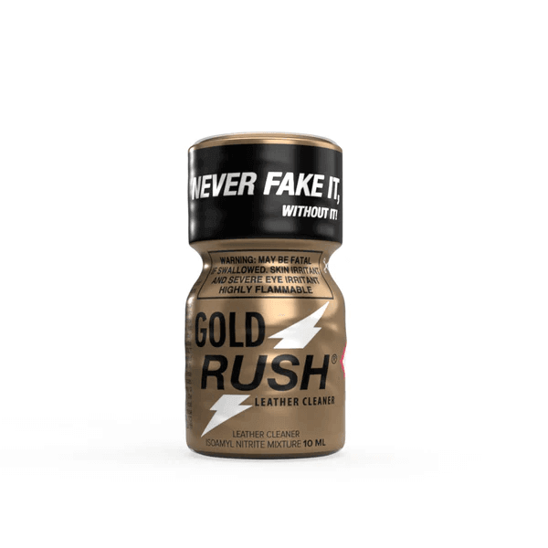 Single Poppers Gold Rush 10ml Leather Cleaner bottle featuring "Never Fake It" slogan and safety warnings, isolated on a white background.