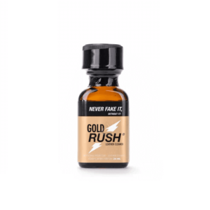 Gold Rush Poppers 24ml bottle with beige label and black cap, featuring the slogan "Never fake it" and a star graphic