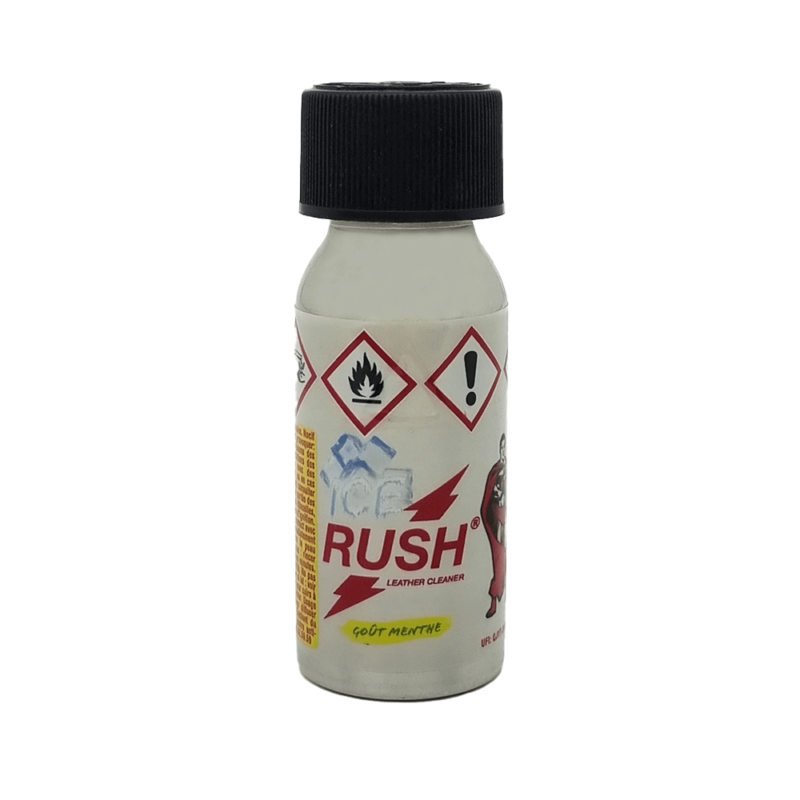 Ice Rush Poppers 30ml white bottle showing hazard warning labels and cool mint logo, with Rush leather cleaner branding