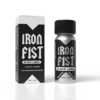 Iron Fist Black Label Poppers 24ml depicted with silver bottle and coordinating black-and-white box featuring leather cleaner branding.