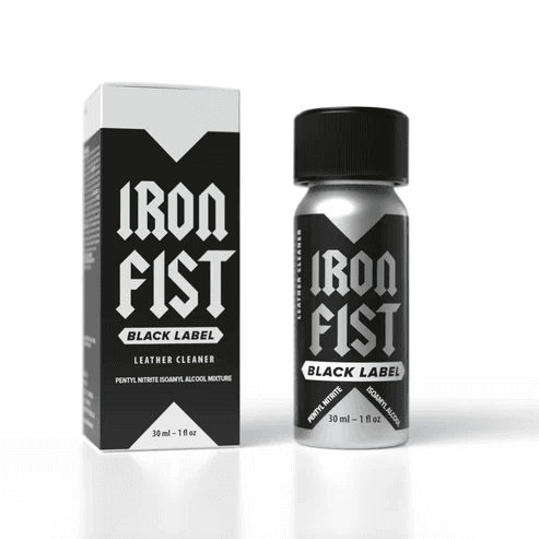 Iron Fist Black Label Poppers 24ml depicted with silver bottle and coordinating black-and-white box featuring leather cleaner branding.