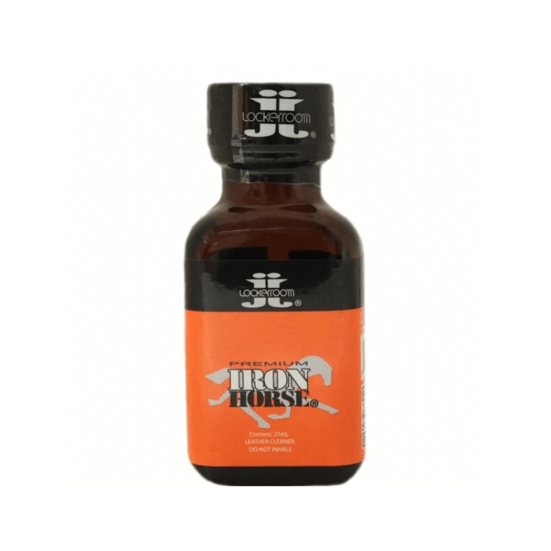 Iron Horse Poppers 25ml bottle with orange label and black cap, featuring Locker Room brand logo and premium leather cleaner text.