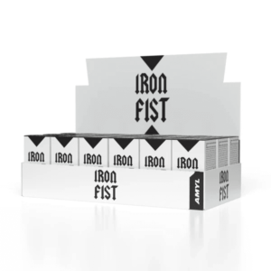 Display setup for 18 Pack Iron Fist 10ml Poppers bottles in streamlined black and white boxes showcasing multiple units, emphasizing the bold Iron Fist brand logo.