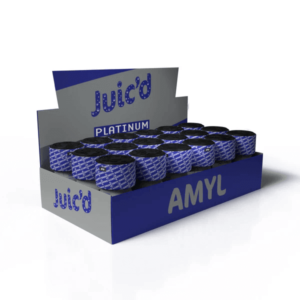 Display of 18 Pack Juic'd Platinum Amyl Poppers 10ml bottles in a promotional blue stand, arranged neatly for sale with product name and variant visible.