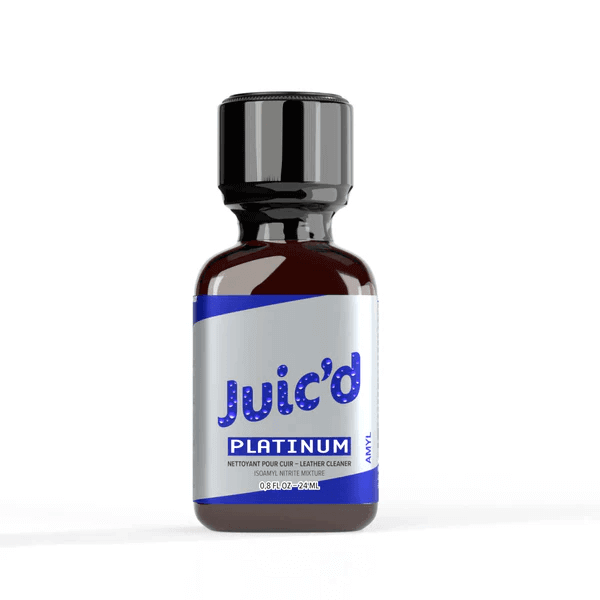 Juic'd Platinum Amyl Poppers 24ml in a glass bottle with a dark cap, featuring blue and white labels clearly displaying the product name and size.