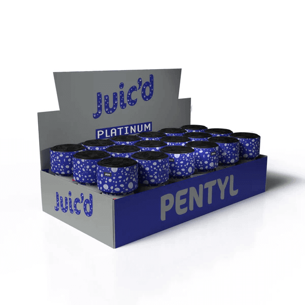 18 Pack Juic'd Platinum Pentyl Poppers 10ml display box with multiple bottles arranged neatly for sale.