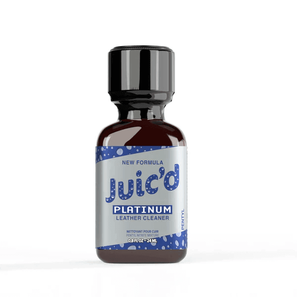 Juic'd Pentyl Platinum Poppers 24ml bottle, labeled as a new formula leather cleaner on a plain white background.