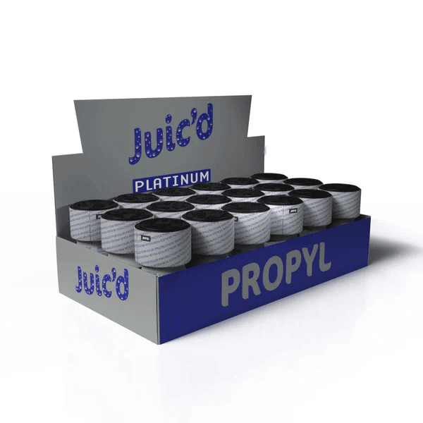 Display box of 18 Pack Juic'd Platinum Propyl Poppers 10ml bottles, showcasing multiple units arranged in an organized counter display.