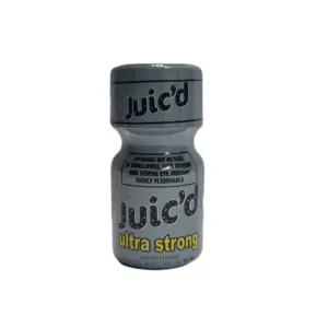 Juic'd Ultra Strong 10ml Poppers bottle, isopropyl nitrite mixture, leather cleaner with flammability and irritant warnings visible, positioned on a white background.