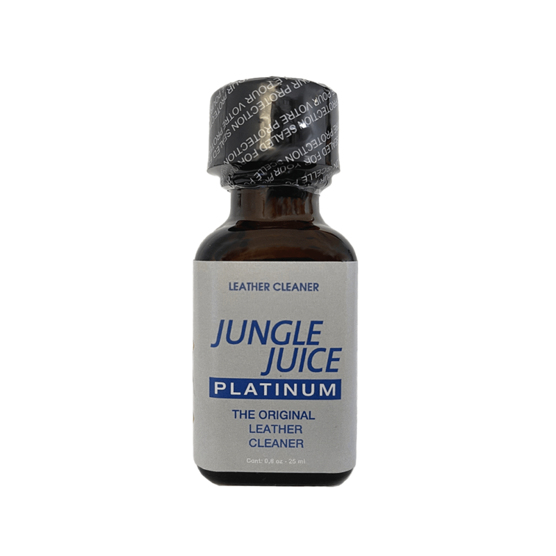 Jungle Juice Platinum Poppers 25ml bottle with sealed top and grey label displaying blue text, advertised as the original leather cleaner