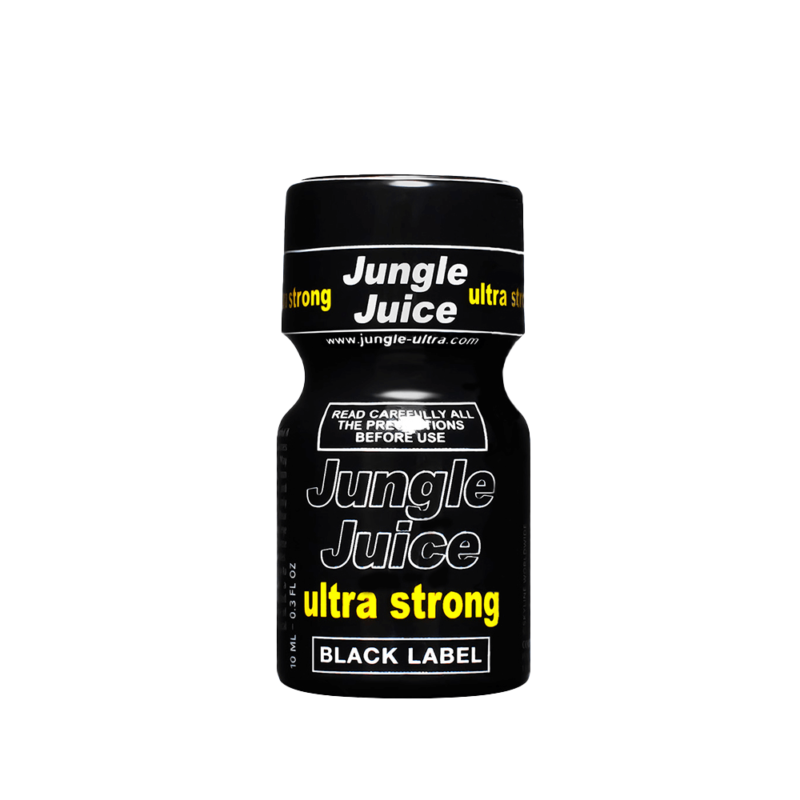 Product image of Jungle Jungle Juice Black Label Ultra Strong Poppers 10ml bottle, featuring prominent yellow and white text on a black background with warnings and website address visible.