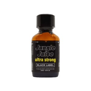 Bottle of Jungle Juice Ultra Strong Black Label Poppers 24ml, featuring black and yellow label design on a glass bottle, isolated on white background.