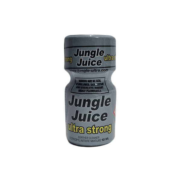 Jungle Juice Ultra Strong Poppers 10ml bottle, showcasing the black and gray label with product information and warnings, isolated on a white background.