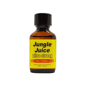 Jungle Juice Ultra Strong Poppers 24ml bottle featuring new formula, stabilized pentyl nitrite mixture, prominently displayed in high-contrast yellow and black packaging.