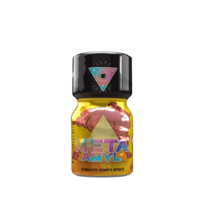 Single bottle of Meta Amyl Poppers 10ml showcasing vibrant label with heart and geometric graphics, stabilized isoamyl nitrite.