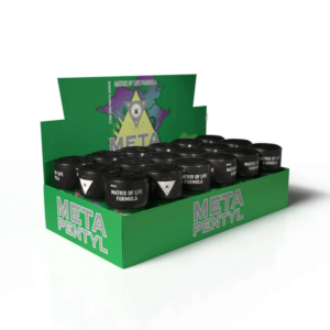 Display box of 18 Pack Meta Pentyl Poppers 10ml containing multiple bottles of Matrix of Life Formula with a prominent purple and green design, showcased on a white background.