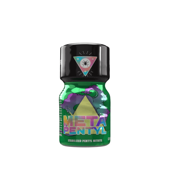 Meta Pentyl Poppers bottle for Matrix of Life Formula, featuring a colorful label with abstract purple and green graphics, on a white background.