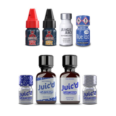 New Anal Adventure 8x-Mix Poppers Pack A big set of 8 bottles from the Anal Adventure Mix Poppers Pack, showing the colorful labels and the strong safety caps.