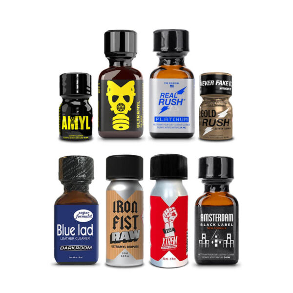 A 8-bottle bundle of Back Door Fuck poppers, featuring professional labels and leak-proof safety caps for the Mix Poppers Pack.