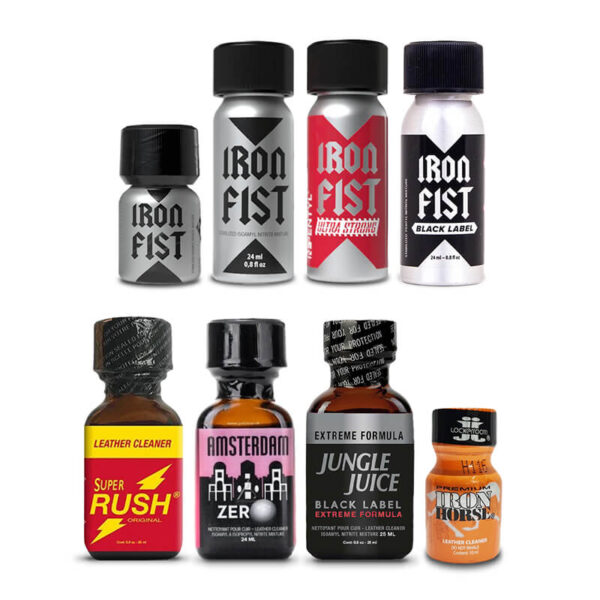 A mysterious 8-pack of Dark Desire poppers, showing the sleek black labels and secure safety seals for the Mix Poppers Pack.