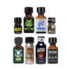 A collection of 8 Edge Addicts cleaning solvent bottles in a Mix Poppers Pack bundle with secure safety caps.